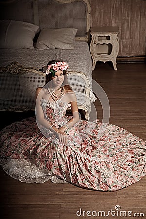 Luxury young smiling beauty woman in vintage dress in elegant in