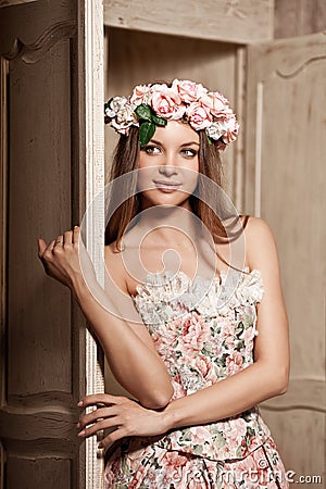 Luxury young smiling beauty woman in vintage dress in elegant in