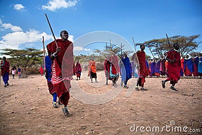 Maasai men in their ritual dance in their village in Tanzania, Africa