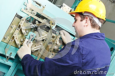 Machinist with spanner adjusting lift mechanism
