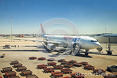 MADRID, SPAIN - MAY 28, 2014: Interior of Madrid airport, airplane ready to depart