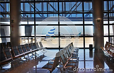 MADRID, SPAIN - MAY 28, 2014: Interior of Madrid airport, departure waiting aria