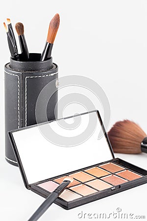 Makeup brush and earth tone eyeshadow