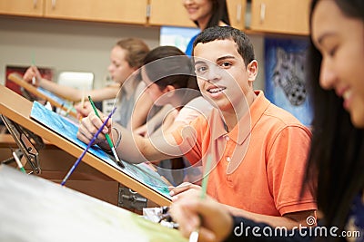 Male Painting. School Whilst Art school In  Smiling At Pupil High Camera high painting Class class
