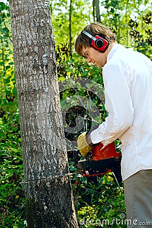 Man cutting down a tree with a chainsaw