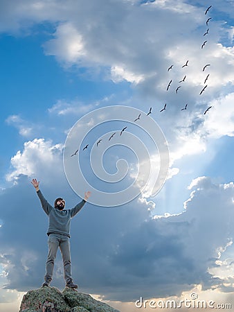 A man and flight of flying birds