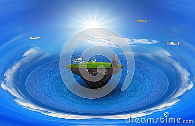 Man on green grass land with helicopter and flying plane on blue sky for traveling and transport theme