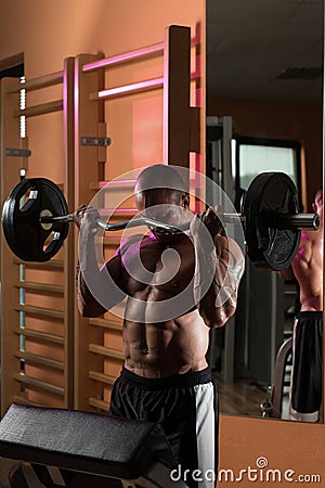 Man In The Gym Exercising Biceps With Barbell