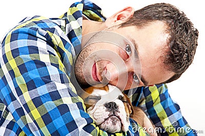Man with his dog on white background