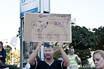 Man holding a banner at a protest in Bucharest