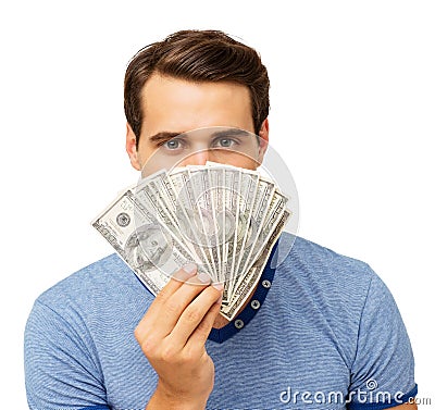 Man Holding Fanned Out Dollars In Front Of Face