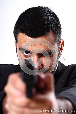 Man pointing gun