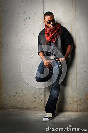 Man With Red Scarf Standing