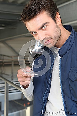 Man sampling wine production