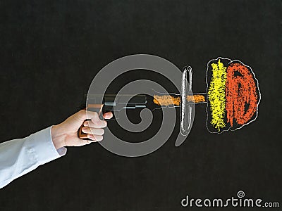 Man shooting gun nuclear bomb cloud blackboard background