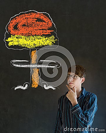 Man thinking hand on chin chalk nuclear bomb cloud blackboard background