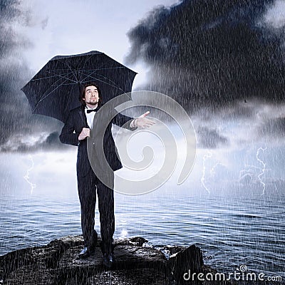 Man Under Umbrella Checking for Rain