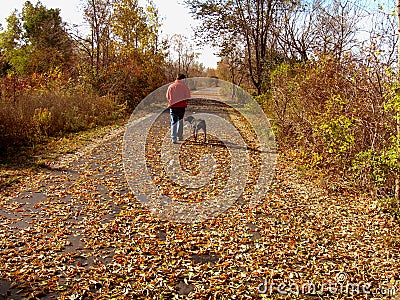 Man Walking the Dog in Autumn
