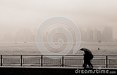 Manhattan skyline in the fog, New York