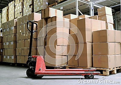 Manual fork pallet truck in warehouse