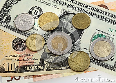 Many money euro and dollars and coins
