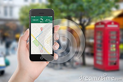 Map gps navigation application on the smartphone screen in femal