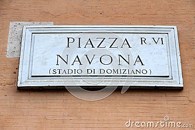 Marble road sign with an indication of the Piazza Navona in Rome