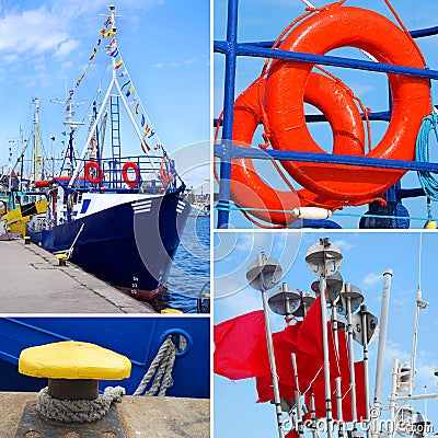 Marine collage with small tourist ship and details