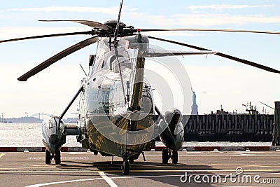 Marine One VH-3D on Wall Street Helipad background Statue of Liberty