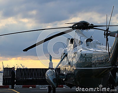 Marine One VH-3D on the Wall Street Heliport with Statue of Liberty in the background