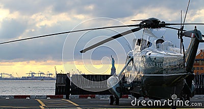 Marine One VH-3D on Wall Street Heliport Sunset with Statue of Liberty in background