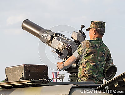 Marines and tank with cannon in military parade of Royal Thai Navy, Sattahip Naval Base, Chonburi, Thailand