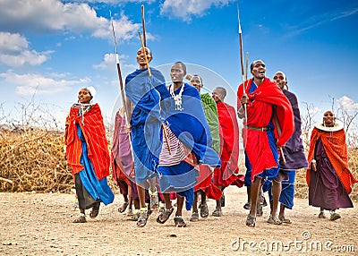 Masai warriors dancing traditional jumps. Tanzania.