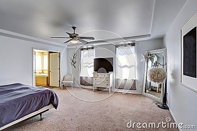 Master bedroom with tv and large mirror in the corner