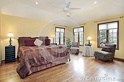 Master bedroom with wood trim windows