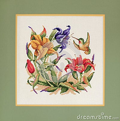 Matted Cross Stitch of Humming Bird and Flowers