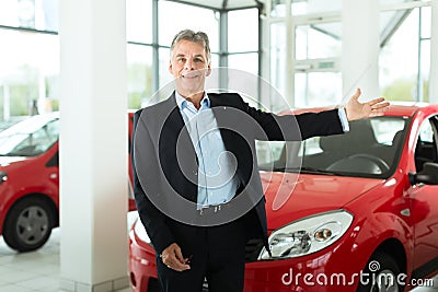 Mature man with auto in car dealership