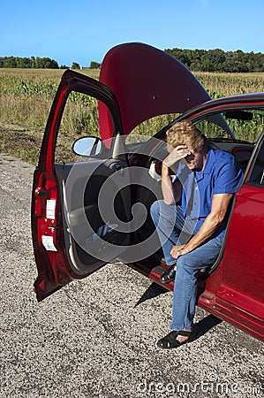 Mature Senior Woman Car Trouble, Road Breakdown