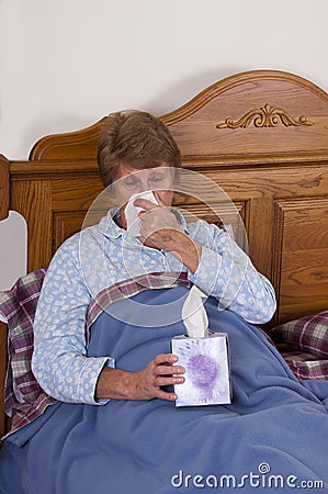 Mature Senior Woman Sick Bed, Sniffles, Allergies