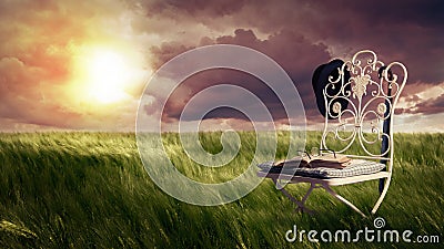 Meadow with chair, old book, glasses, hat and umbr