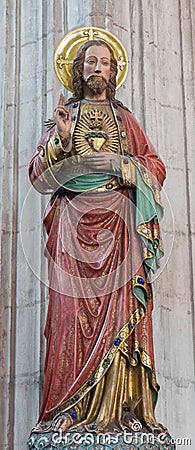 Mechelen - The carved and polychrome statue of Heart of Jesus Christ in church Our Lady across de Dyle.