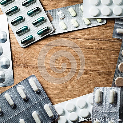 Medical background with frame of pills tablets