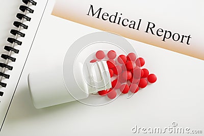 Medical Report Red Tablets and Pill bottle