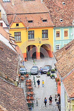 Medieval street view in Sighisoara, Romania