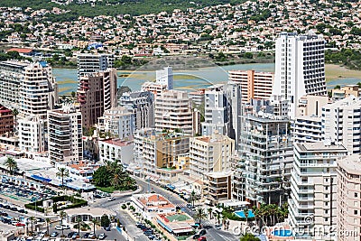 Mediterranean Resort Calpe, Spain with lagoon Las Salinas and Hotel Buildings