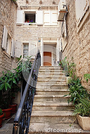 Mediterranean stone house with steps