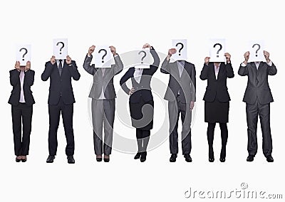 Medium group of business people in a row holding up paper with question mark, obscured face, studio shot
