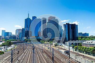 Melbourne skyline over railway tracks