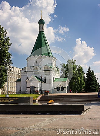 Memorial with an eternal flame and Archangel Michael Cathedral.