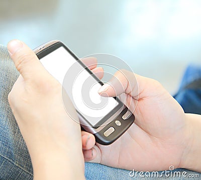 Men hand is holding a modern touch screen phone.